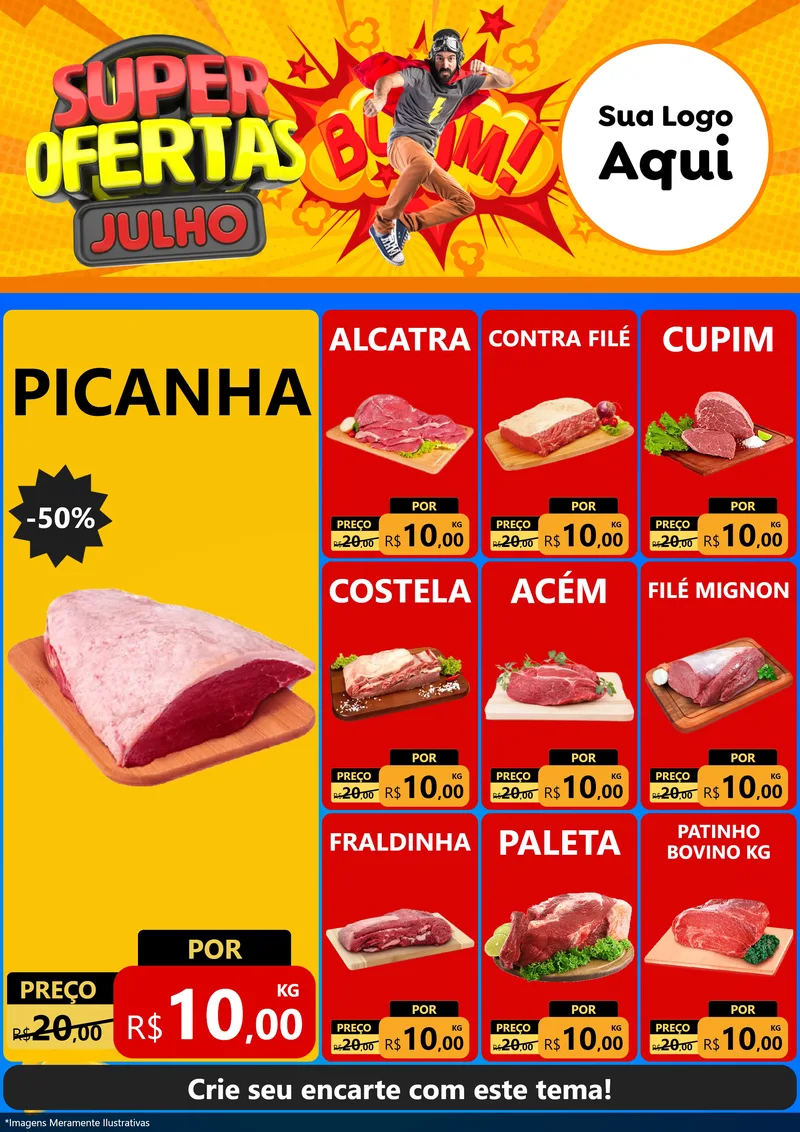 Modelo de Encarte para Encarte A4 Vertical com o tema Super Ofertas Julho para Açougue