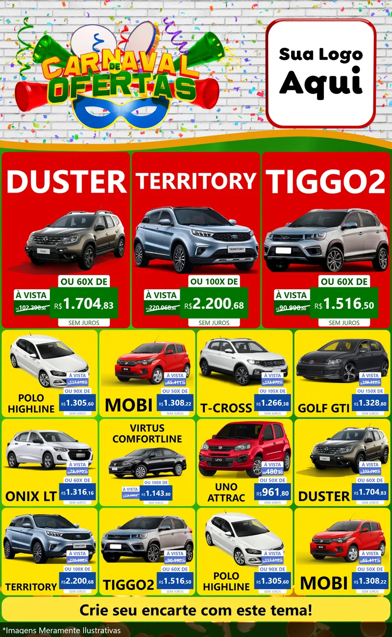 Modelo de Encarte para Encarte Grande com o tema Carnaval de Ofertas para Concessionaria de Carros