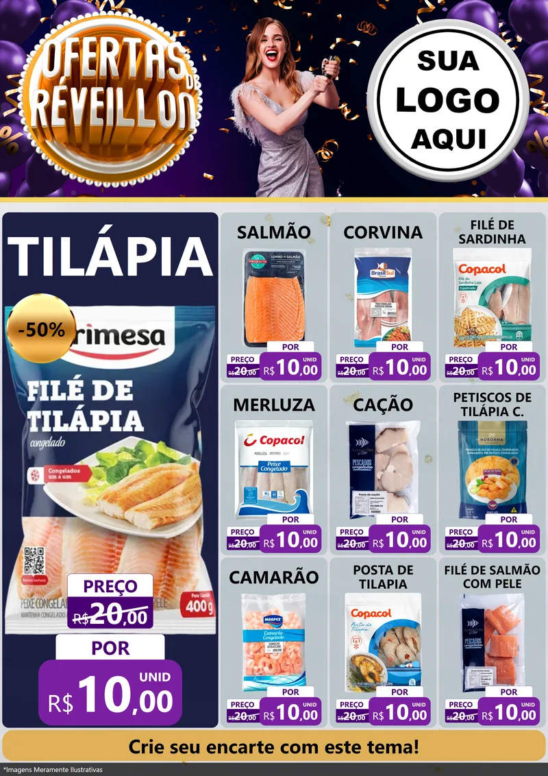 Modelo de Encarte para Encarte A4 Vertical com o tema Ofertas de Réveillon para Peixaria