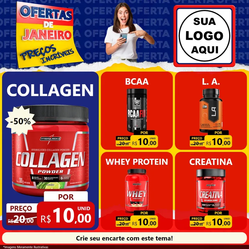 Modelo de Rede Social para Feed Facebook com o tema Ofertas de Janeiro - Preços Incríveis para Suplementos alimentares