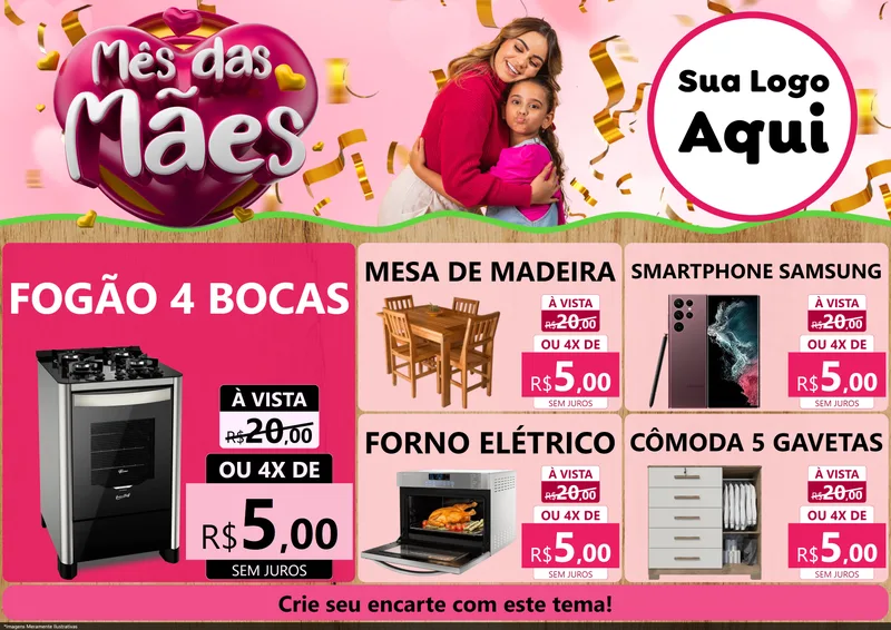 Modelo de Encarte para Encarte A4 Horizontal com o tema Mês das Mães para Móveis e Eletro