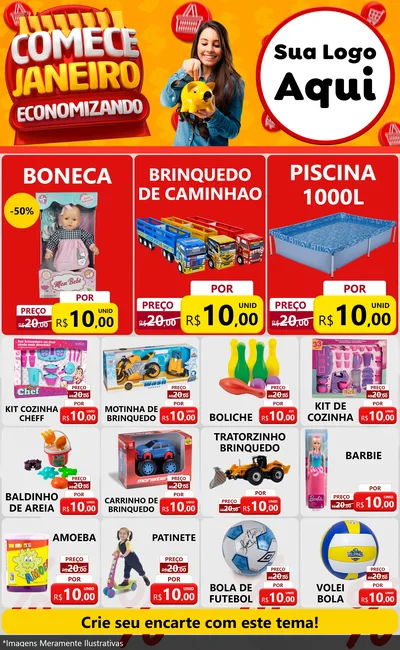 Modelo de Encarte para Encarte Grande com o tema Comece Janeiro Economizando para Brinquedos