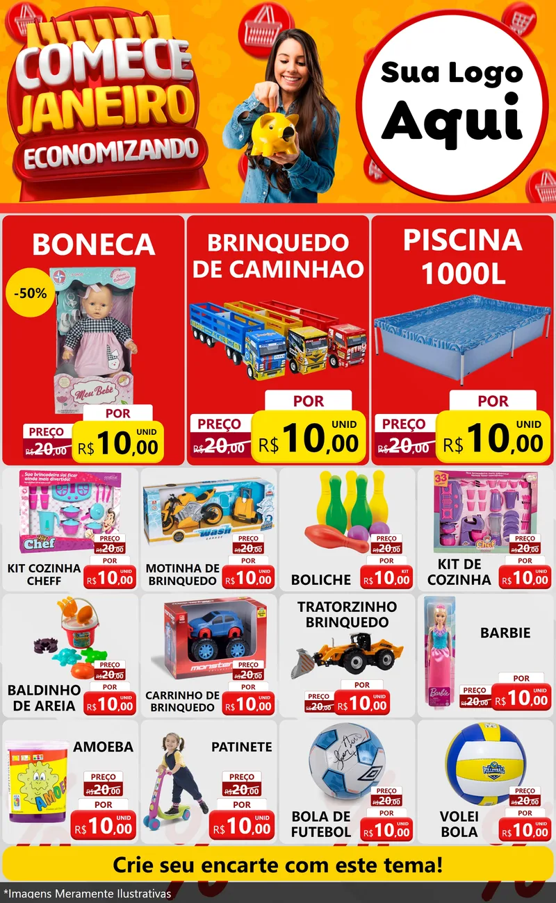 Modelo de Encarte para Encarte Grande com o tema Comece Janeiro Economizando para Brinquedos