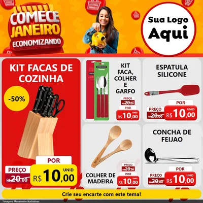 Modelo de Rede Social para Feed Facebook com o tema Comece Janeiro Economizando para Utilidades Domésticas