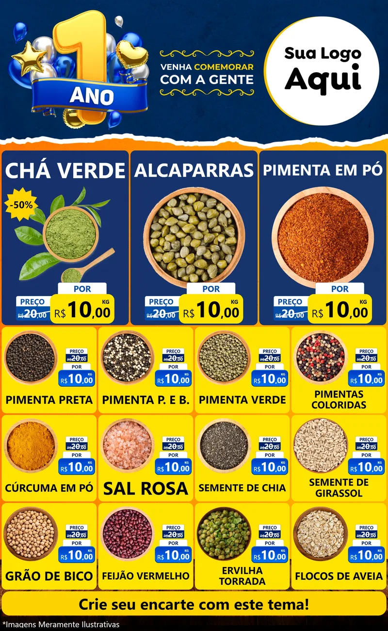 Modelo de Encarte para Encarte Grande com o tema Um Ano de Aniversário para Produtos Naturais