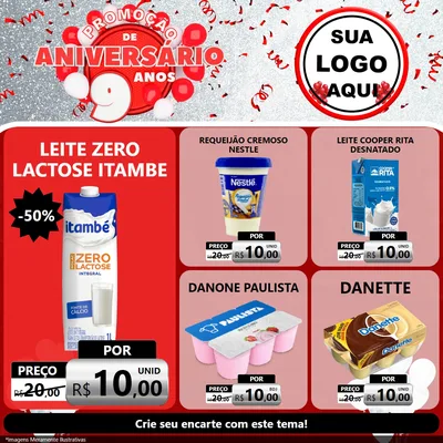 Modelo de Rede Social para Feed Facebook com o tema Promoção de Aniversário - 9 Anos para Frios e Laticínios