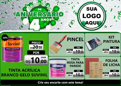 Modelo de Encarte para Encarte A4 Horizontal com o tema Promoção de Aniversário - 4 Anos para Tintas e Ferramentas