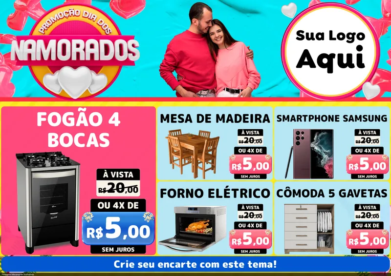 Modelo de Encarte para Encarte A4 Horizontal com o tema Promoção Dia dos Namorados para Móveis e Eletro