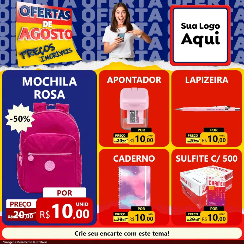 Modelo de Rede Social para Feed Facebook com o tema Ofertas de Agosto - Preços Incríveis para Papelaria