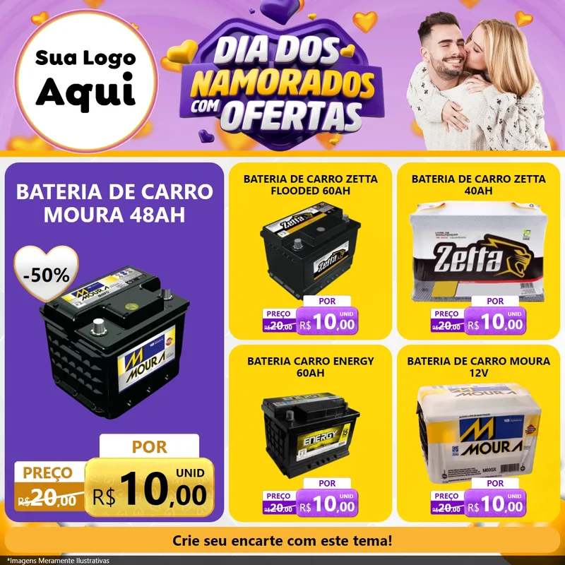Modelo de Rede Social para Feed Facebook com o tema Dia Dos Namorados Com Ofertas para Baterias Elétricas