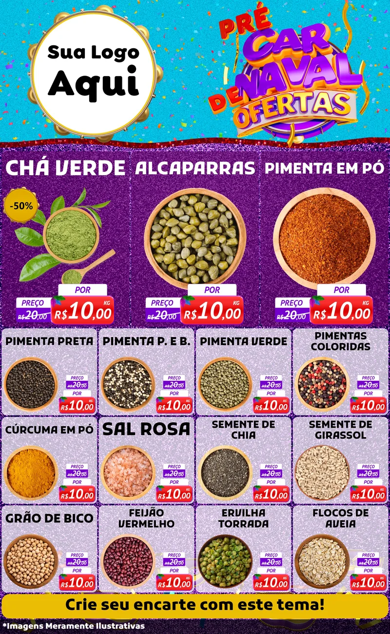 Modelo de Encarte para Encarte Grande com o tema Pré Carnaval de Ofertas para Produtos Naturais