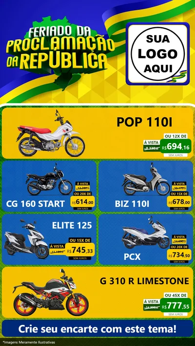Modelo de TV para TV Vertical com o tema Feriado da Proclamação da República para Concessionaria de Motos