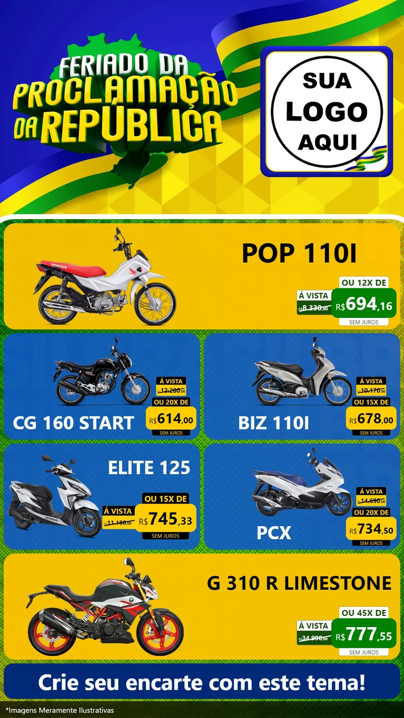 Modelo de TV para TV Vertical com o tema Feriado da Proclamação da República para Concessionaria de Motos