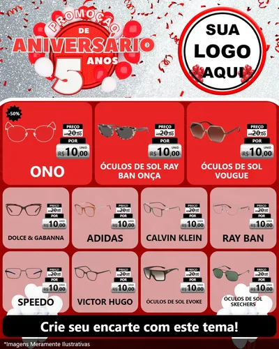 Modelo de Rede Social para Feed Instagram com o tema Promoção de Aniversário - 5 Anos para Óticas