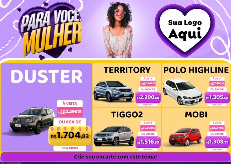 Modelo de Encarte para Encarte A4 Horizontal com o tema Para Você, Mulher para Concessionaria de Carros