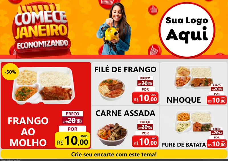 Modelo de Encarte para Encarte A4 Horizontal com o tema Comece Janeiro Economizando para Restaurante