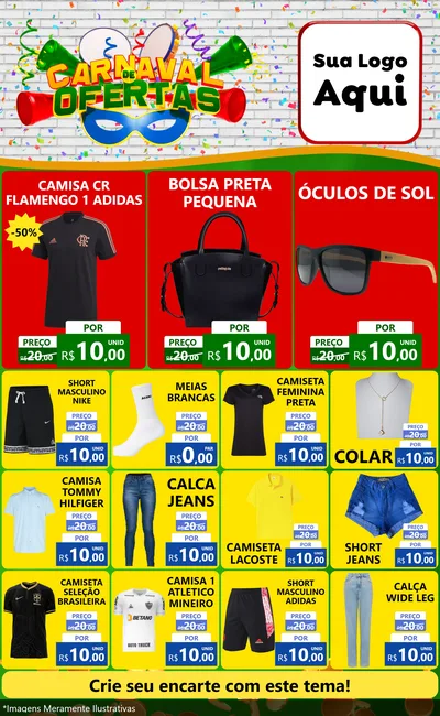Modelo de Encarte para Encarte Grande com o tema Carnaval de Ofertas para Roupas e acessórios