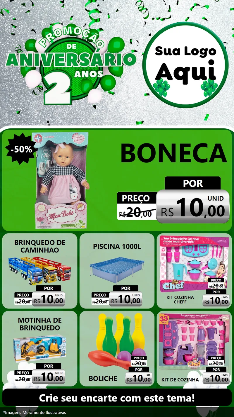 Modelo de Rede Social para Stories com o tema Promoção de Aniversário - 2 Anos para Brinquedos
