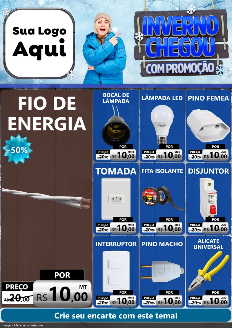 Modelo de Encarte para Encarte A4 Vertical com o tema Inverno Chegou Com Promoção para Materiais Elétricos