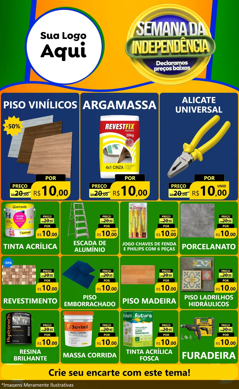 Modelo de Encarte para Encarte Grande com o tema Semana da Independência Declaramos Preços Baixos para Material para Construção