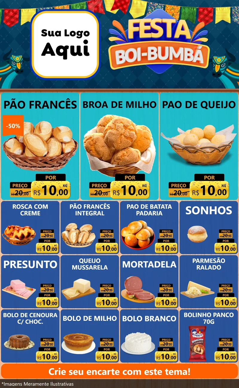 Modelo de Encarte para Encarte Grande com o tema Festa Boi Bumbá para Padaria