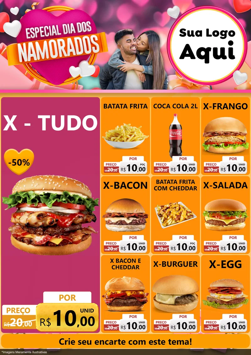 Modelo de Encarte para Encarte A4 Vertical com o tema Especial Dia dos Namorados para Hamburgueria