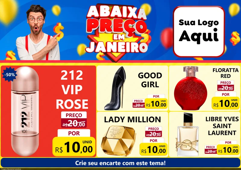 Modelo de Encarte para Encarte A4 Horizontal com o tema Abaixa Preço em Janeiro para Perfumes