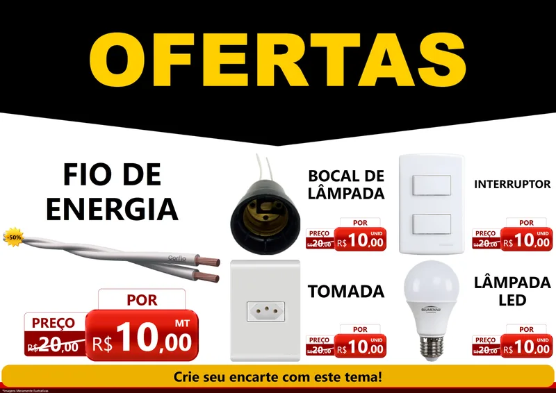 Modelo de Encarte para Encarte A4 Horizontal com o tema Ofertas Preto e Vermelho Cartaz para Materiais Elétricos