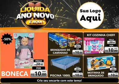 Modelo de Encarte para Encarte A4 Horizontal com o tema Liquida Ano Novo É Aqui! para Brinquedos