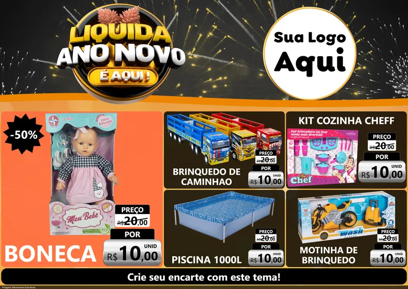 Modelo de Encarte para Encarte A4 Horizontal com o tema Liquida Ano Novo É Aqui! para Brinquedos
