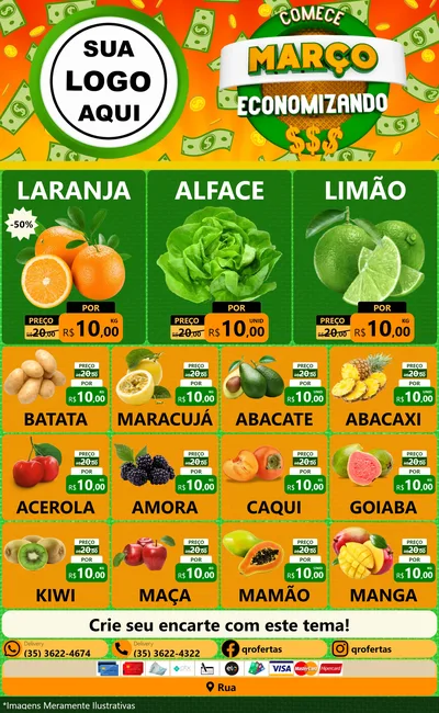Modelo de Encarte para Encarte Grande com o tema Comece Março Economizando para Hortifrúti