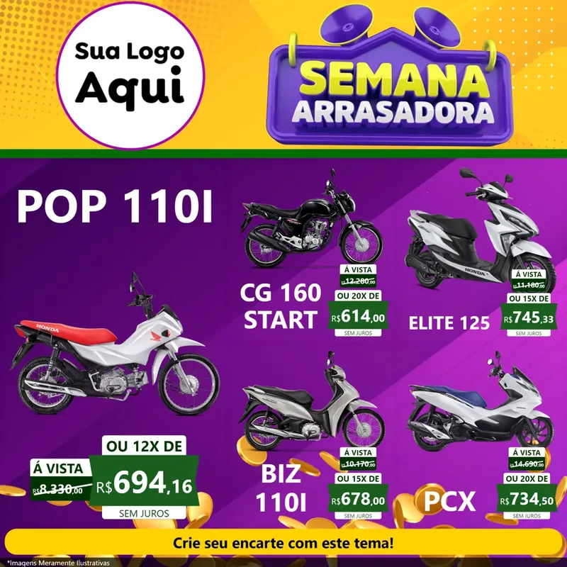 Modelo de Rede Social para Feed Facebook com o tema Semana Arrasadora para Concessionaria de Motos