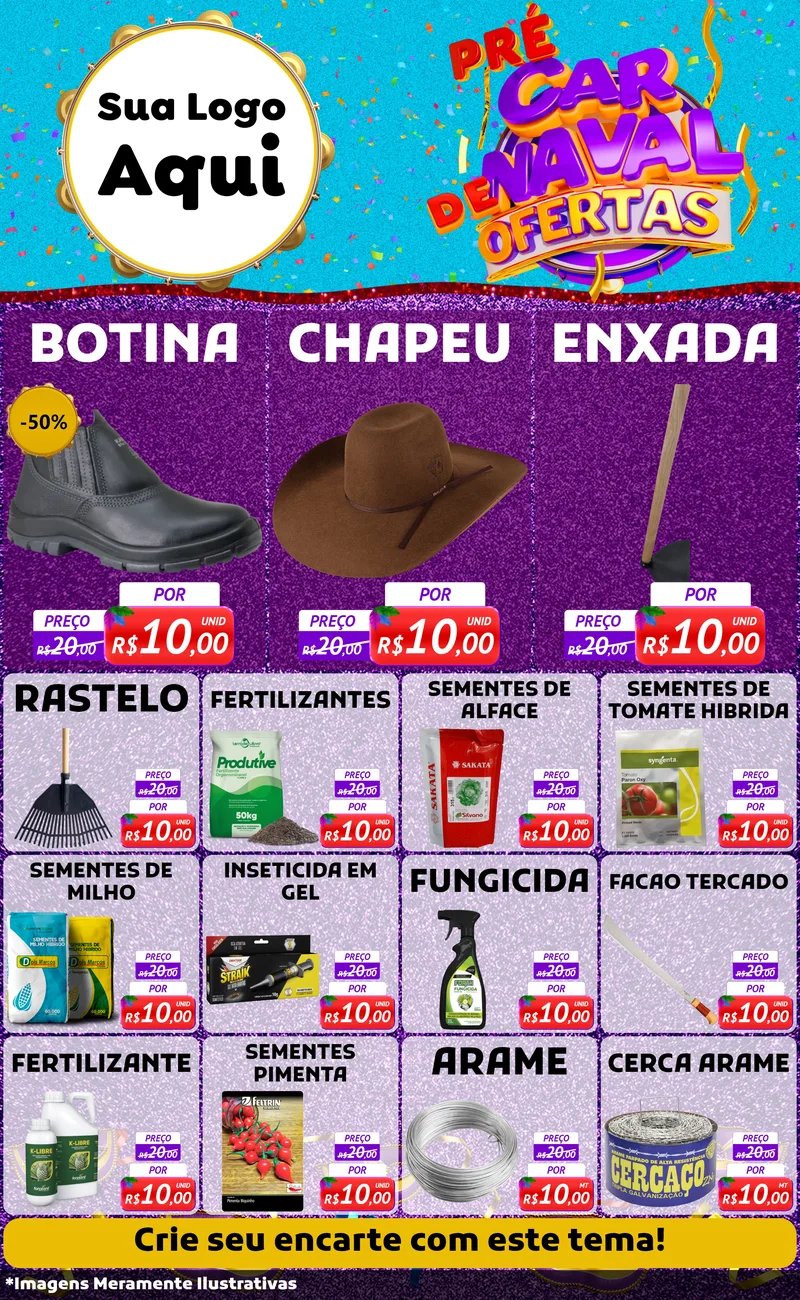 Modelo de Encarte para Encarte Grande com o tema Pré Carnaval de Ofertas para Agropecuária