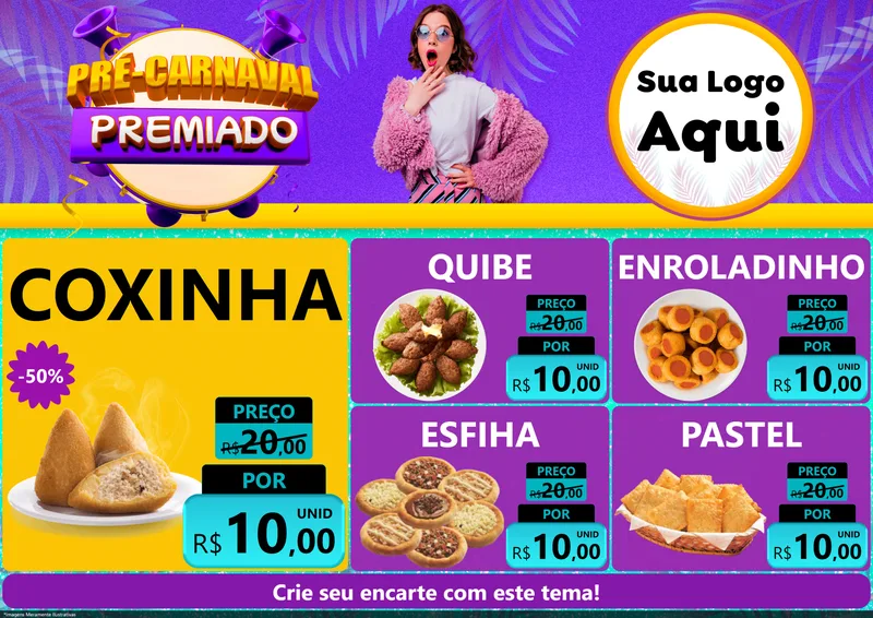 Modelo de Encarte para Encarte A4 Horizontal com o tema Pré-Carnaval Premiado para Salgadaria
