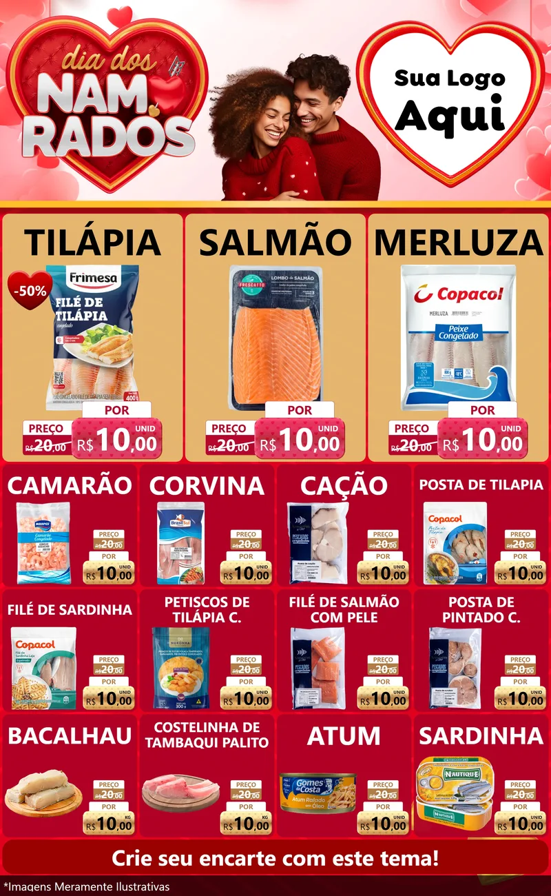 Modelo de Encarte para Encarte Grande com o tema Dia dos Namorados para Peixaria