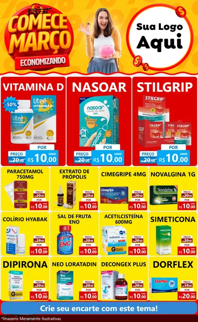 Modelo de Encarte para Encarte Grande com o tema Comece Março Economizando para Farmácia