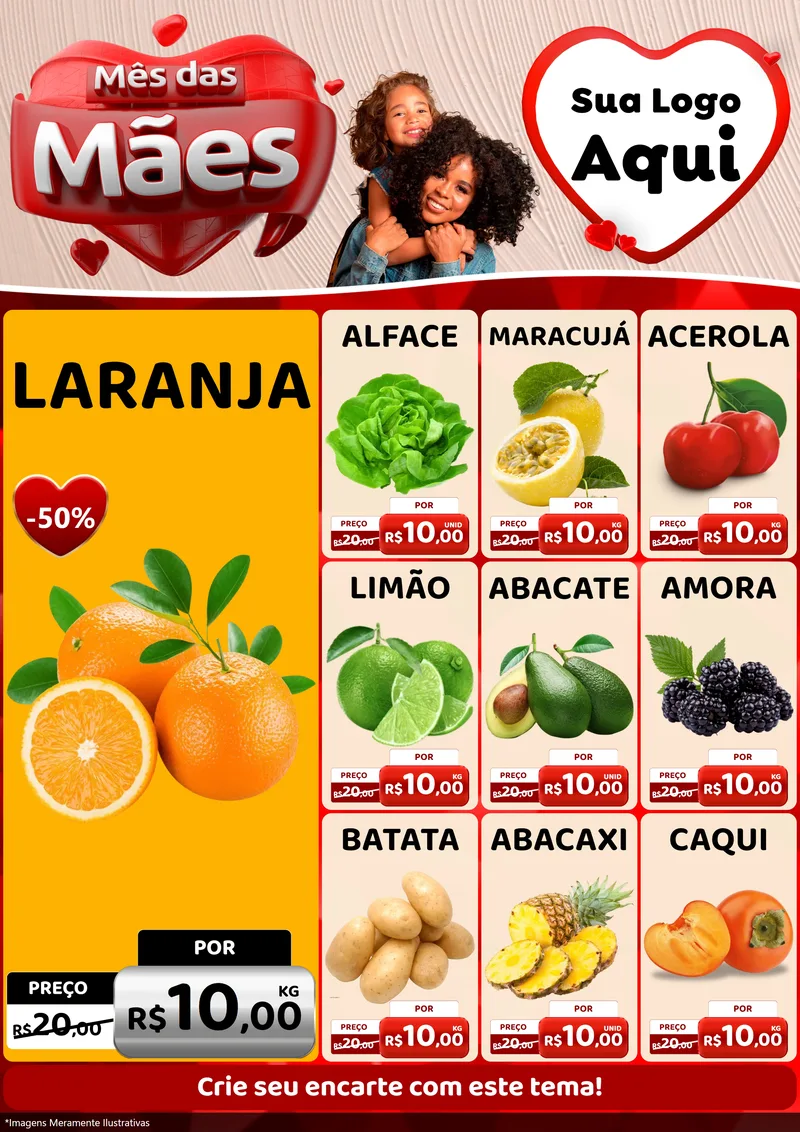 Modelo de Encarte para Encarte A4 Vertical com o tema Mês das Mães para Hortifrúti