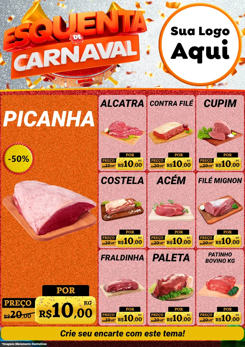 Modelo de Encarte para Encarte A4 Vertical com o tema Esquenta de Carnaval para Açougue
