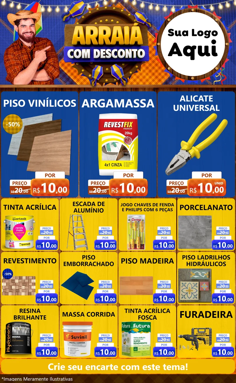 Modelo de Encarte para Encarte Grande com o tema Arraiá Com Desconto para Material para Construção