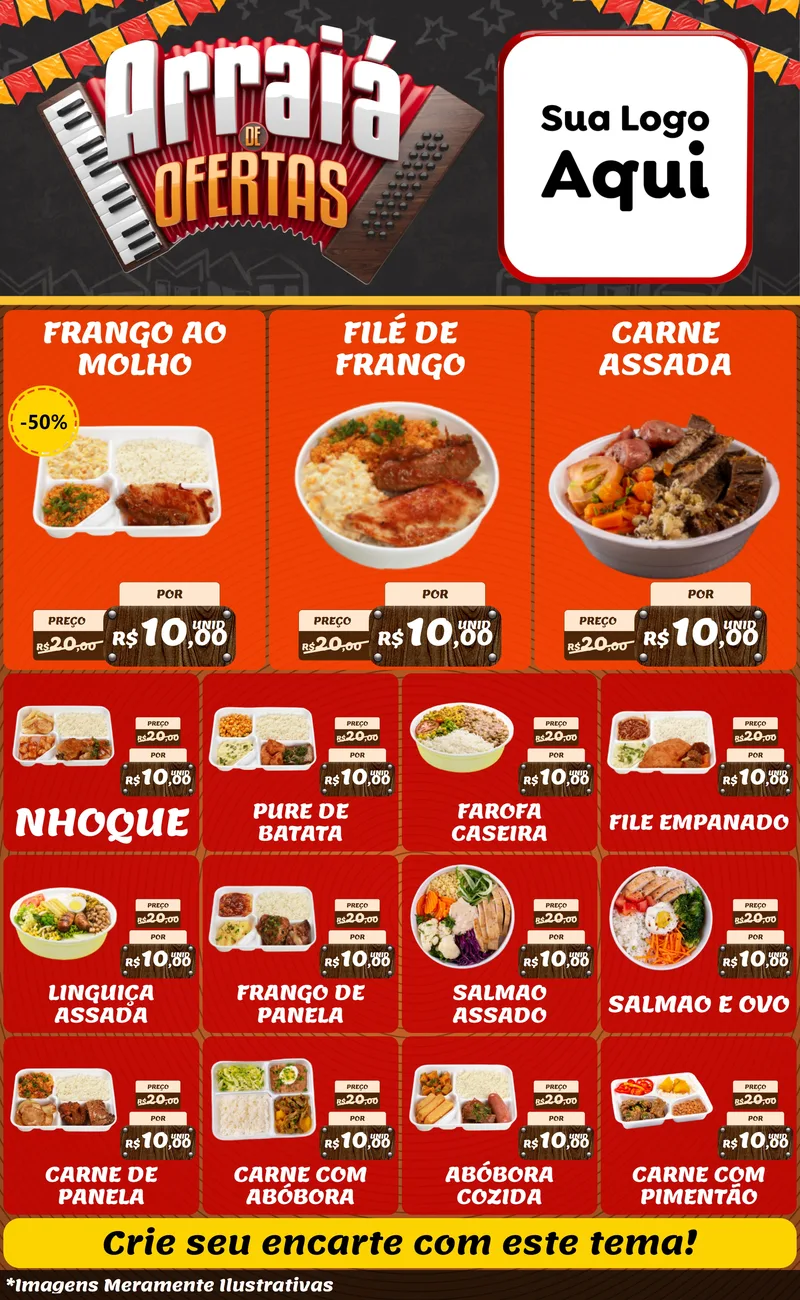 Modelo de Encarte para Encarte Grande com o tema Arraiá de Ofertas - Junina para Restaurante
