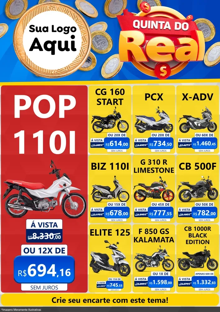 Modelo de Encarte para Encarte A4 Vertical com o tema Quinta do Real para Concessionaria de Motos