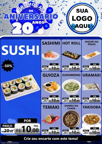 Modelo de Encarte para Encarte A4 Vertical com o tema Promoção de Aniversário - 20 Anos para Comida japonesa