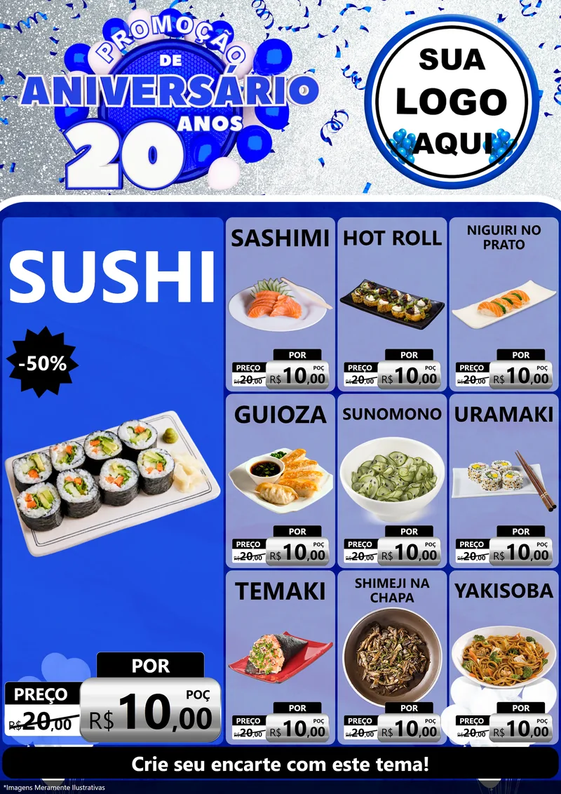 Modelo de Encarte para Encarte A4 Vertical com o tema Promoção de Aniversário - 20 Anos para Comida japonesa