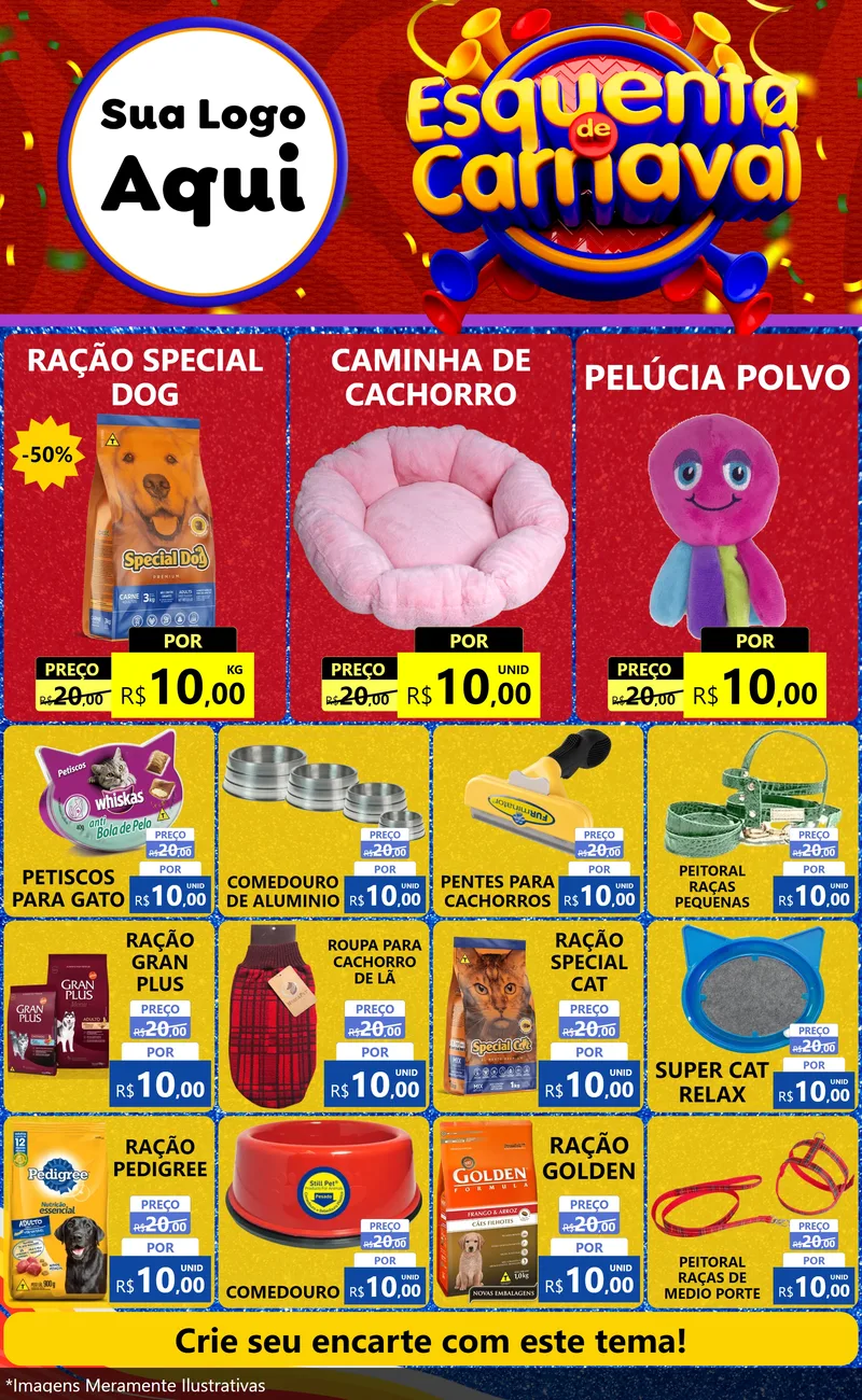 Modelo de Encarte para Encarte Grande com o tema Esquenta de Carnaval para Pet Shop