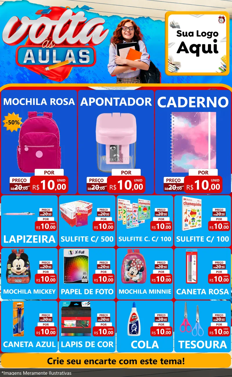 Modelo de Encarte para Encarte Grande com o tema Volta às Aulas para Papelaria