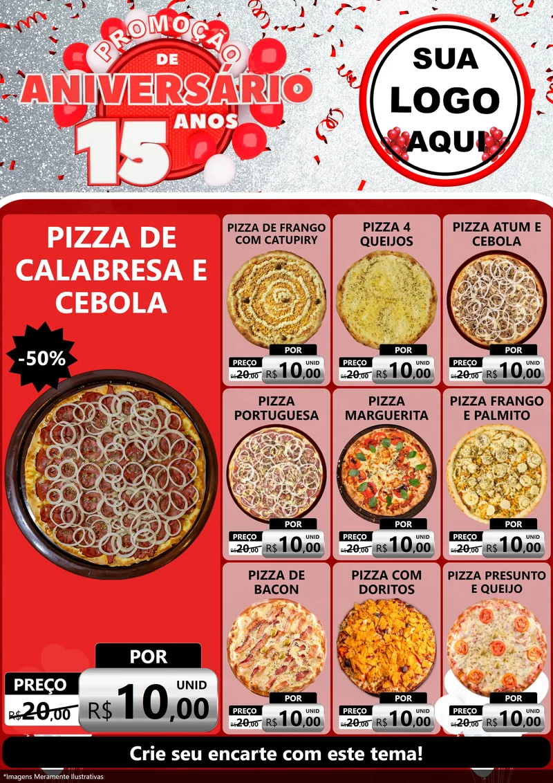 Modelo de Encarte para Encarte A4 Vertical com o tema Promoção de Aniversário - 15 Anos para Pizzaria