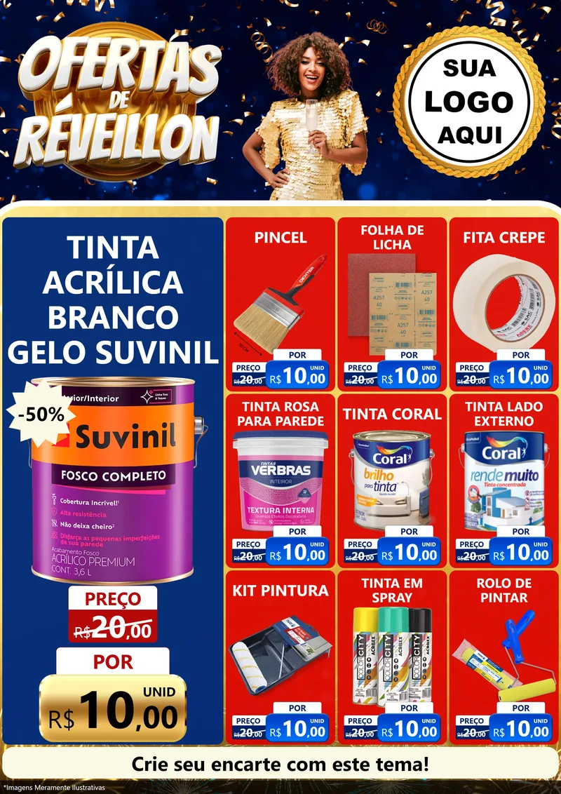 Modelo de Encarte para Encarte A4 Vertical com o tema Ofertas de Réveillon para Tintas e Ferramentas