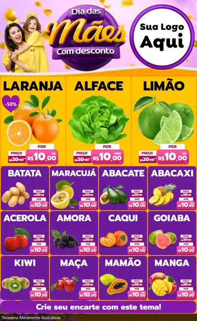Modelo de Encarte para Encarte Grande com o tema Dia das Mães com Desconto para Hortifrúti