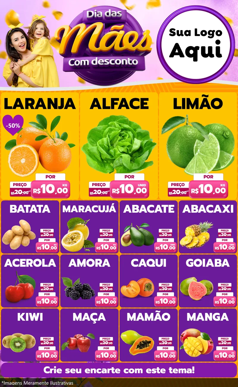 Modelo de Encarte para Encarte Grande com o tema Dia das Mães com Desconto para Hortifrúti