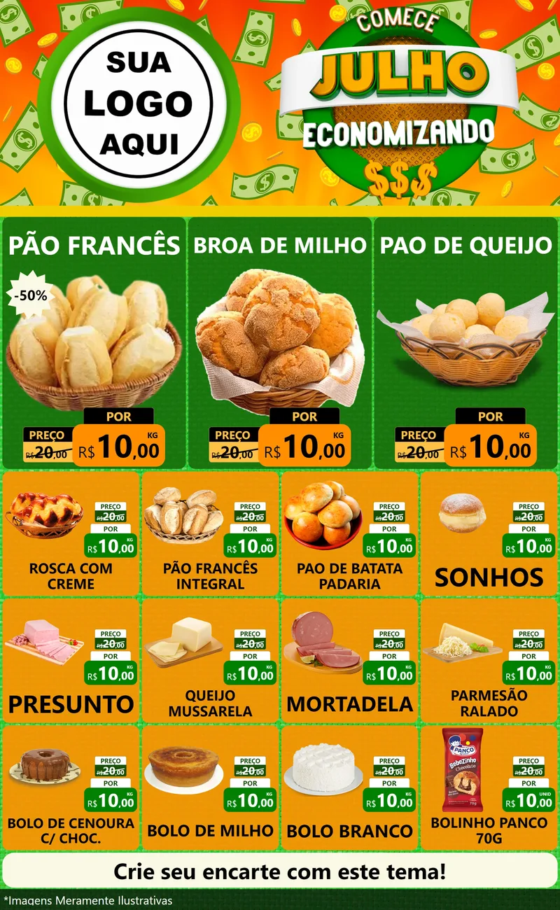 Modelo de Encarte para Encarte Grande com o tema Comece Julho Economizando para Padaria